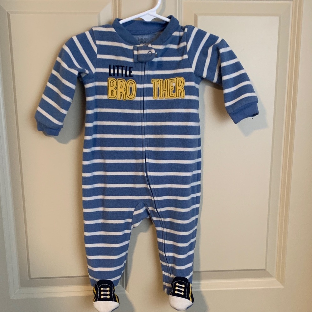Little brother - Striped Blue and White Footie with Yellow Lettering
